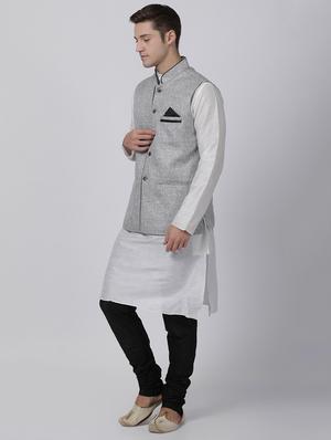 silver silk blend kurta pyjama set with nehru jacket - 16263927 - Standard Image - 2