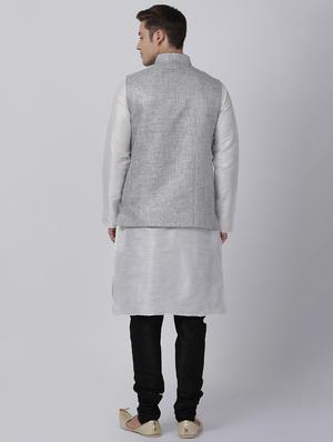 silver silk blend kurta pyjama set with nehru jacket - 16263927 - Standard Image - 3
