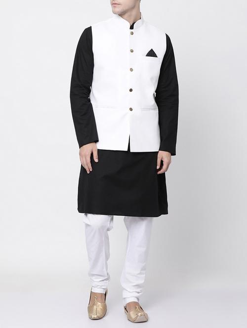 black cotton kurta pyjama set with nehru jacket - 16263938 - Standard Image - 1