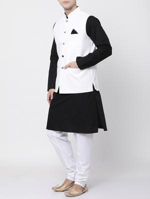 black cotton kurta pyjama set with nehru jacket - 16263938 - Standard Image - 2