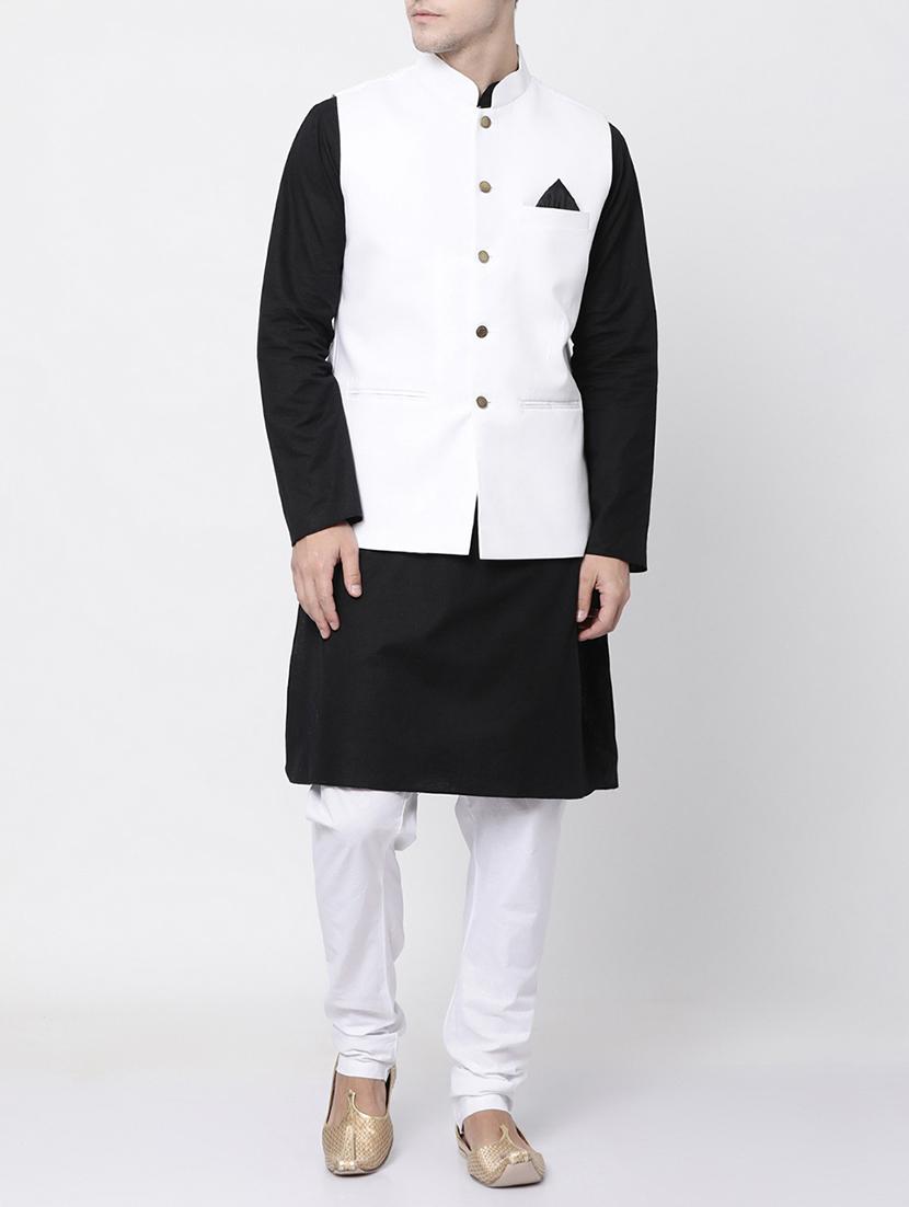 black cotton kurta pyjama set with nehru jacket - 16263938 - Zoom Image - 1