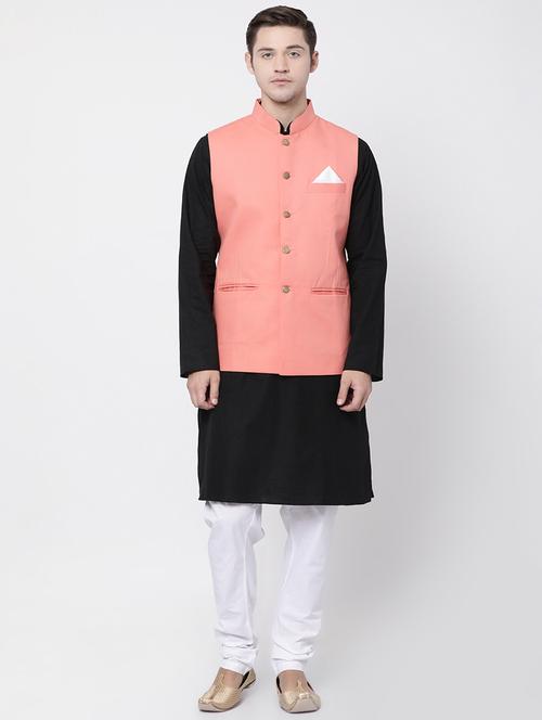 black cotton kurta pyjama set with nehru jacket - 16263945 - Standard Image - 1
