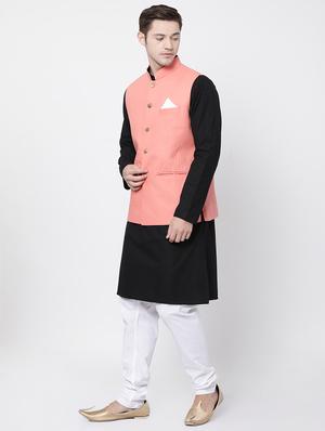 black cotton kurta pyjama set with nehru jacket - 16263945 - Standard Image - 2