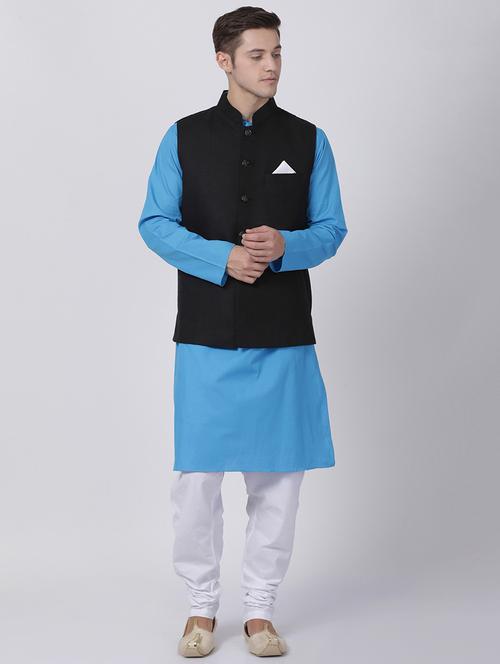 blue cotton kurta pyjama set with nehru jacket - 16263950 - Standard Image - 1