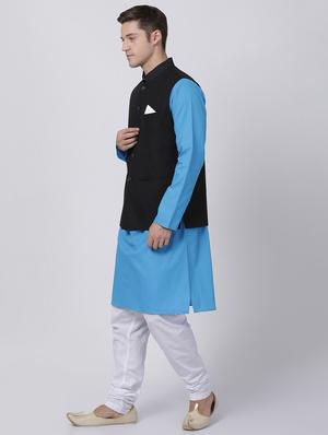 blue cotton kurta pyjama set with nehru jacket - 16263950 - Standard Image - 2