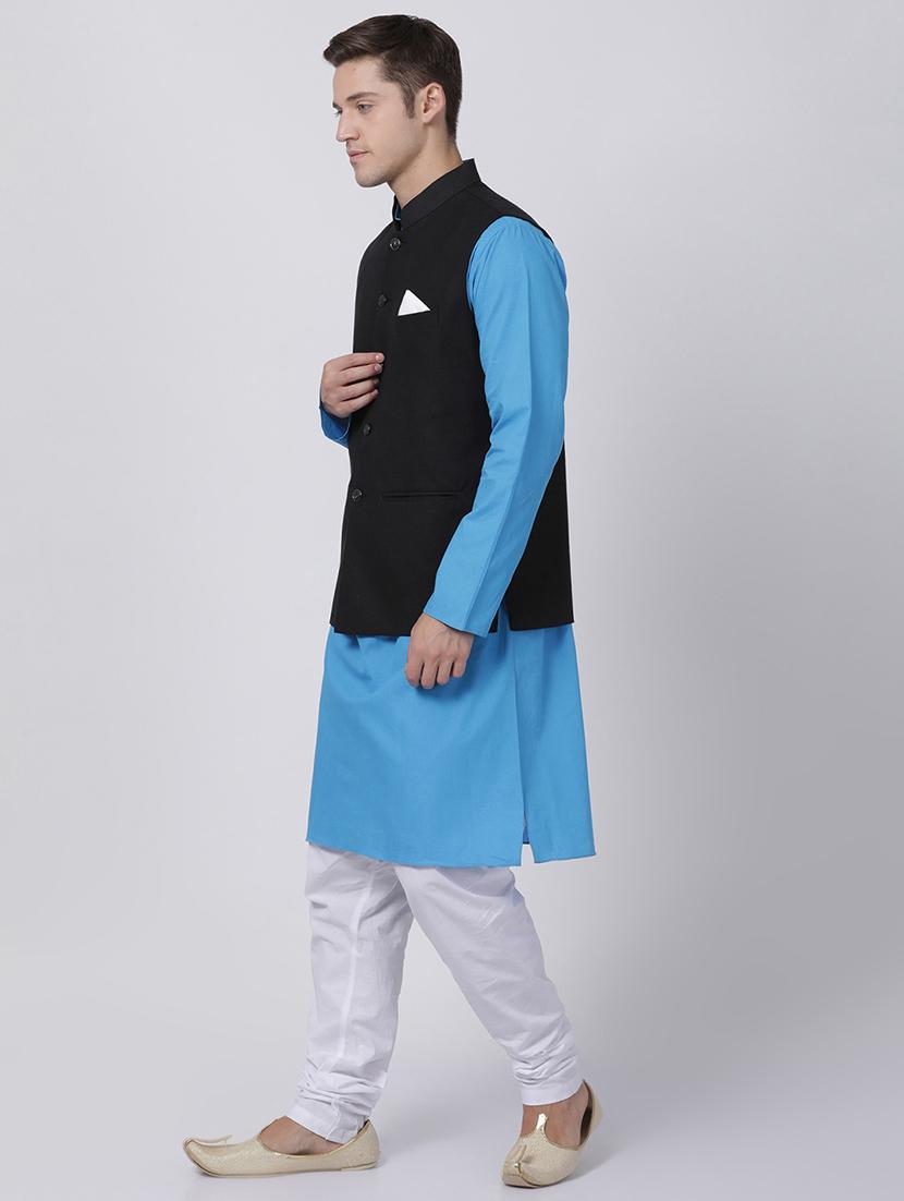 blue cotton kurta pyjama set with nehru jacket - 16263950 - Zoom Image - 2