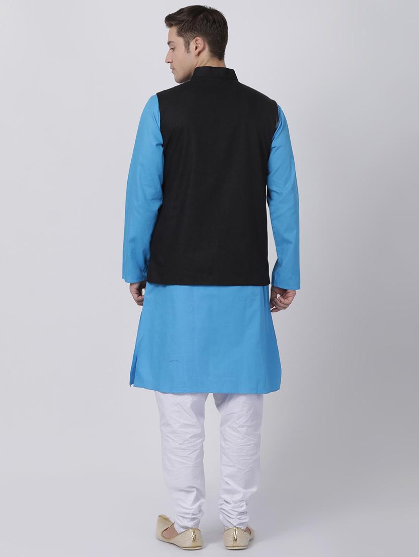 blue cotton kurta pyjama set with nehru jacket - 16263950 - Zoom Image - 3