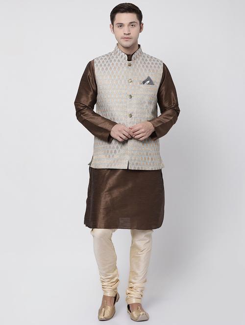 brown silk blend kurta pyjama set with nehru jacket - 16263954 - Standard Image - 1