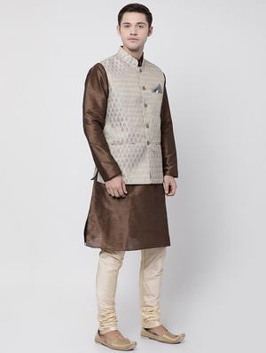 brown silk blend kurta pyjama set with nehru jacket - 16263954 - Standard Image - 2
