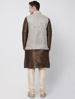 brown silk blend kurta pyjama set with nehru jacket - 16263954 - Standard Image - 3