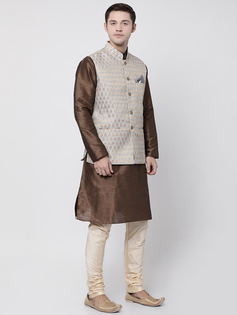 brown silk blend kurta pyjama set with nehru jacket - 16263954 - Zoom Image - 2