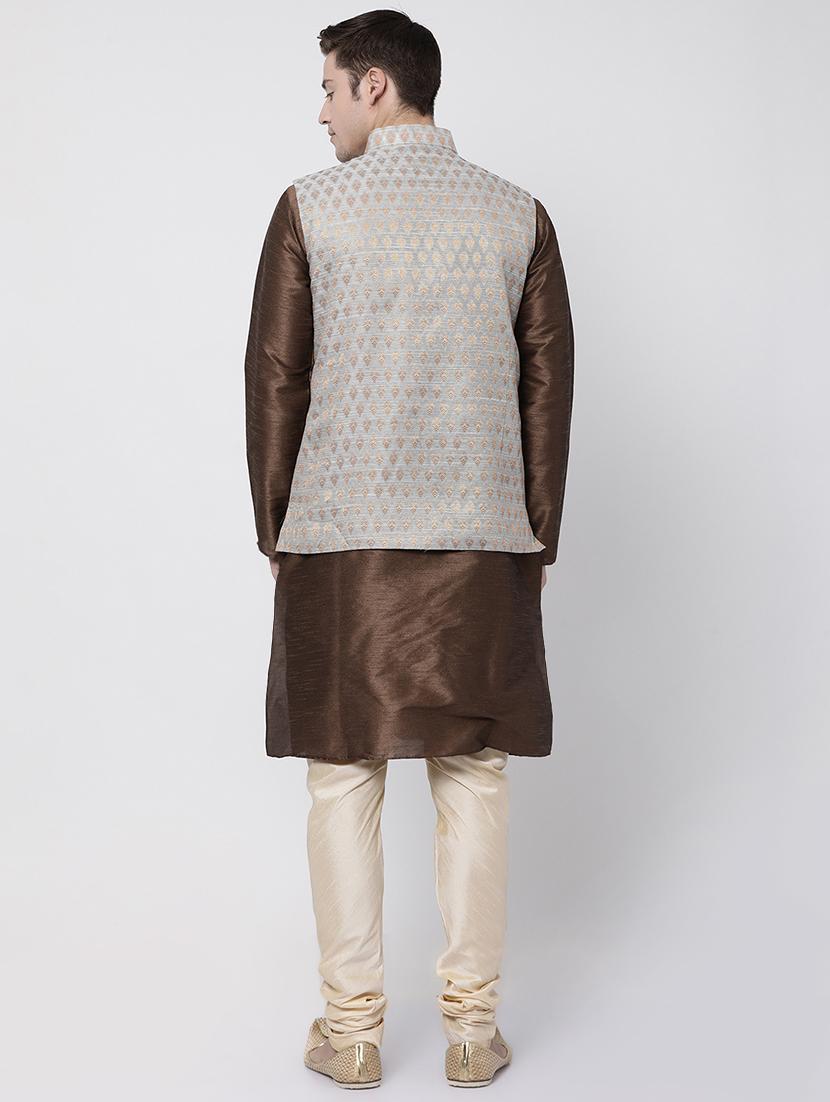 brown silk blend kurta pyjama set with nehru jacket - 16263954 - Zoom Image - 3
