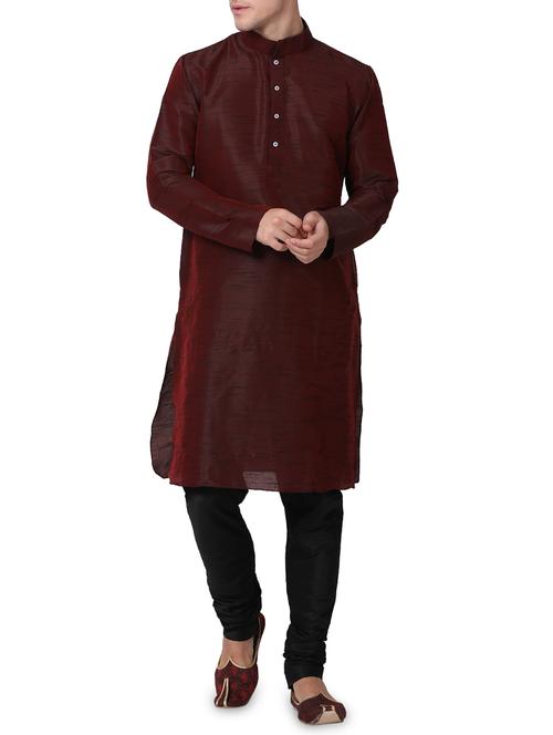 maroon dupion kurta pyjama set - 16264047 - Standard Image - 1