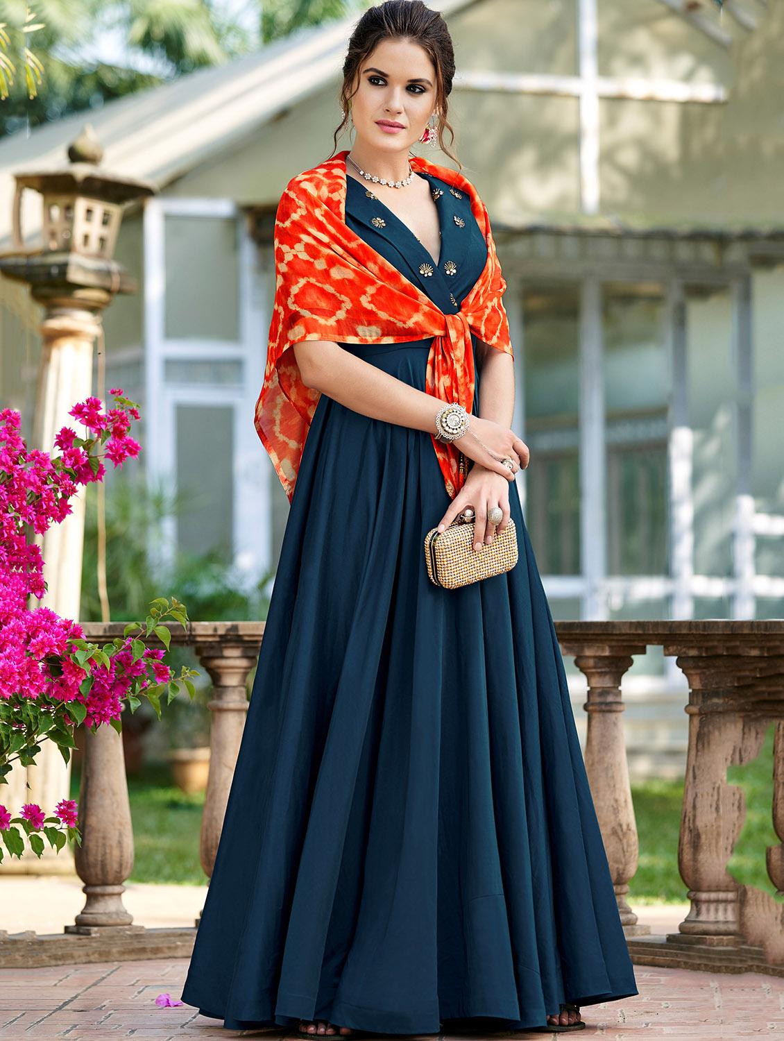 embellished flared gown with stole - 16265612 - Zoom Image - 1