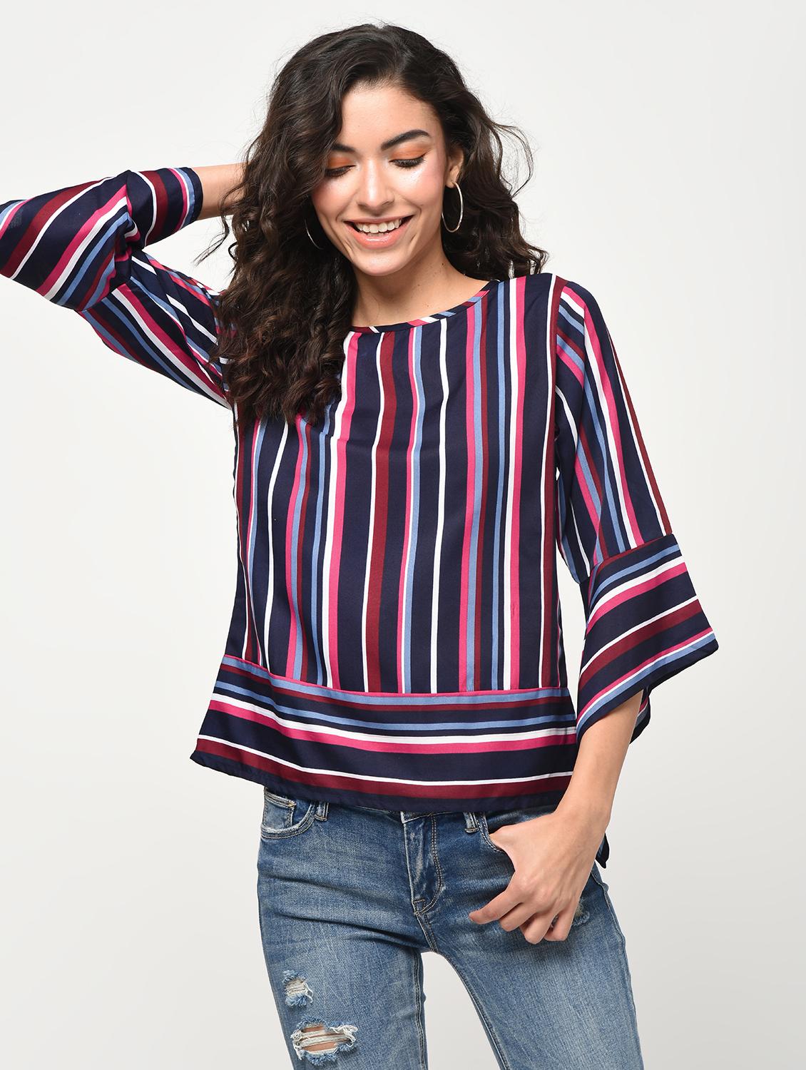 striped asymmetric bell sleeved top - 16266304 - Zoom Image - 2