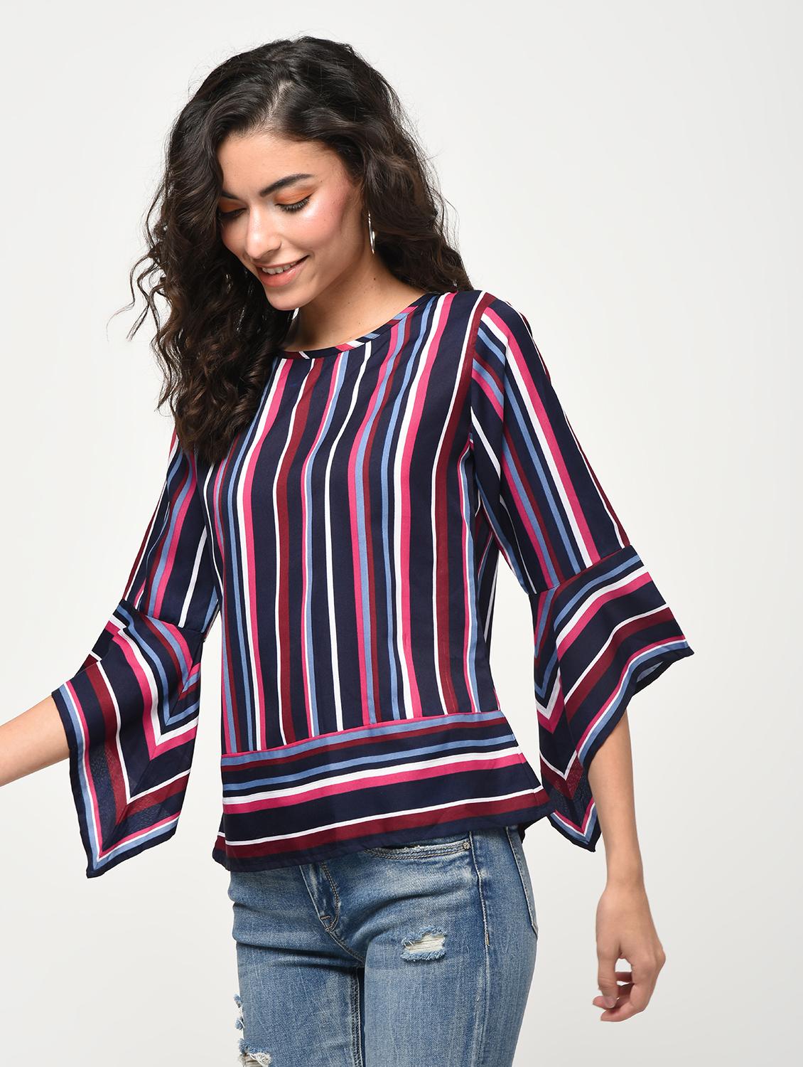 striped asymmetric bell sleeved top - 16266304 - Zoom Image - 3