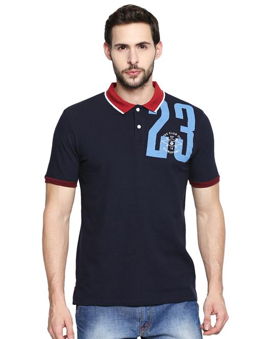 navy blue typographic chest printed polo t-shirt - 16269965 - Standard Image - 1