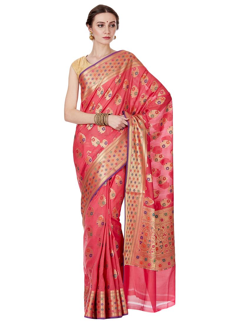 floral zari motif banarasi saree with blouse - 16270726 - Zoom Image - 1