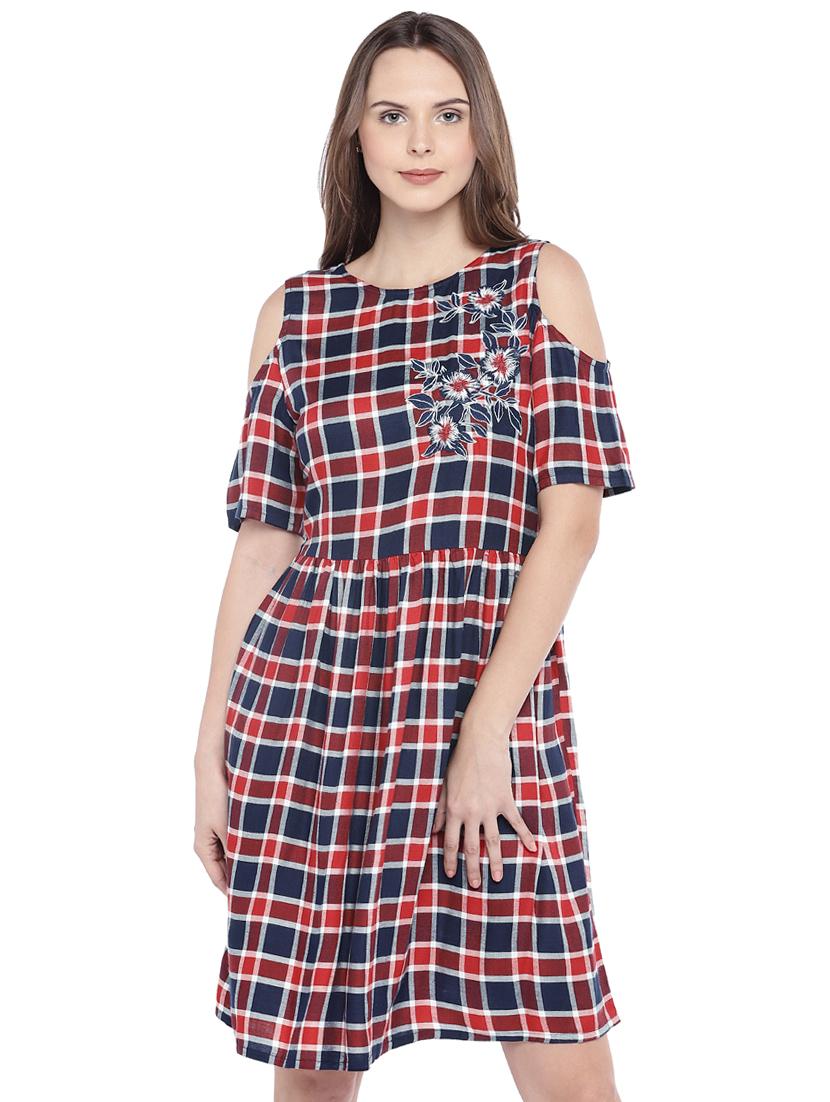 floral embroidered checkered a-line dress - 16274251 - Zoom Image - 1