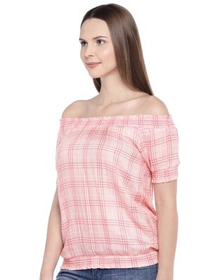 off shoulder checkered blouson top - 16274295 - Standard Image - 2