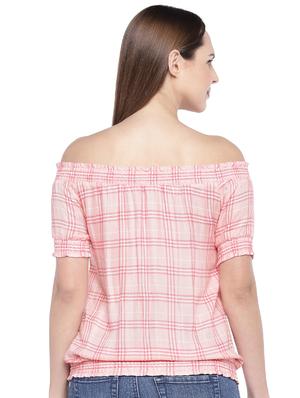 off shoulder checkered blouson top - 16274295 - Standard Image - 3