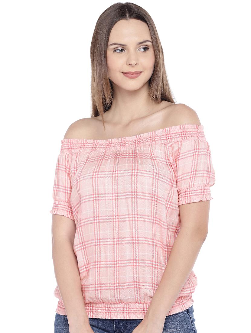 off shoulder checkered blouson top - 16274295 - Zoom Image - 1