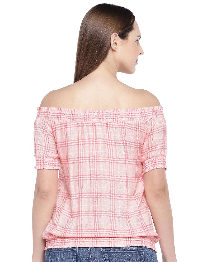 off shoulder checkered blouson top - 16274295 - Zoom Image - 3