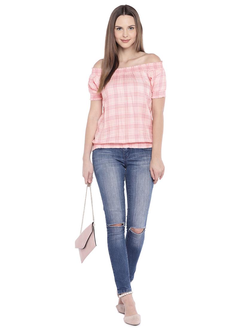 off shoulder checkered blouson top - 16274295 - Zoom Image - 4
