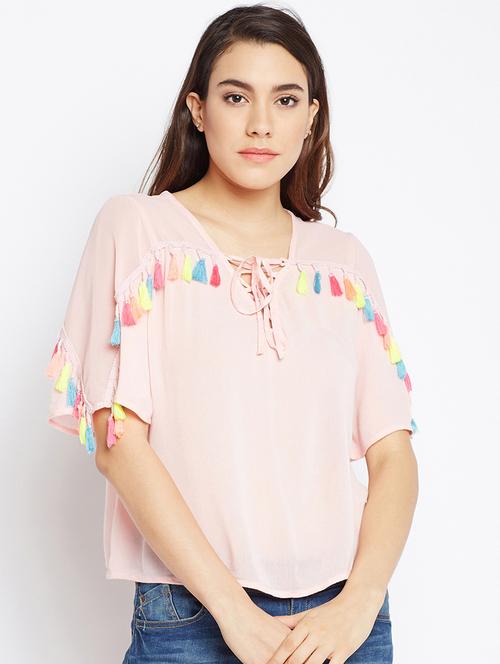 tasseled lace tie up neck top - 16274807 - Very Small Image - 1