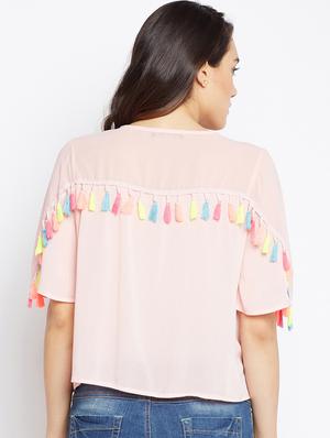 tasseled lace tie up neck top - 16274807 - Standard Image - 3