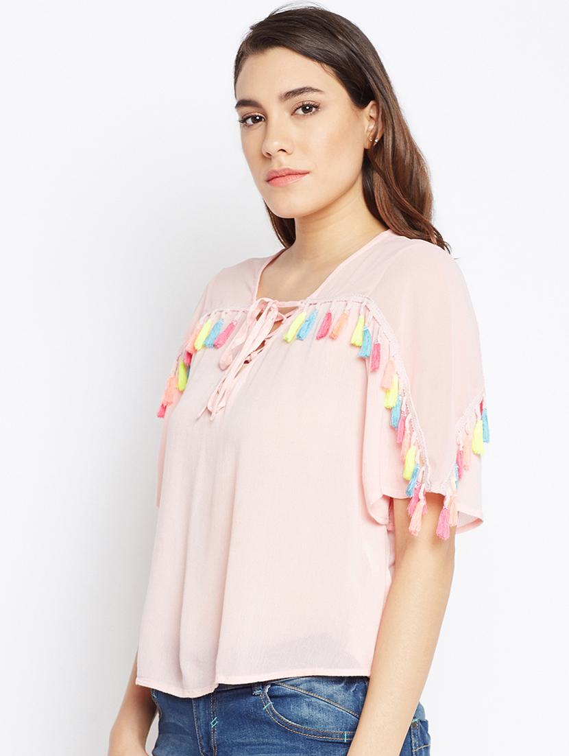tasseled lace tie up neck top - 16274807 - Zoom Image - 2