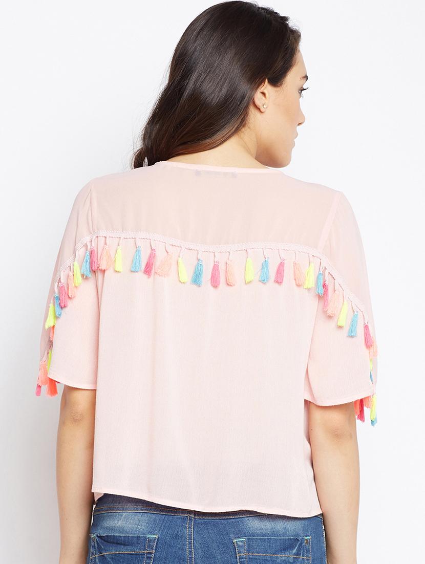 tasseled lace tie up neck top - 16274807 - Zoom Image - 3