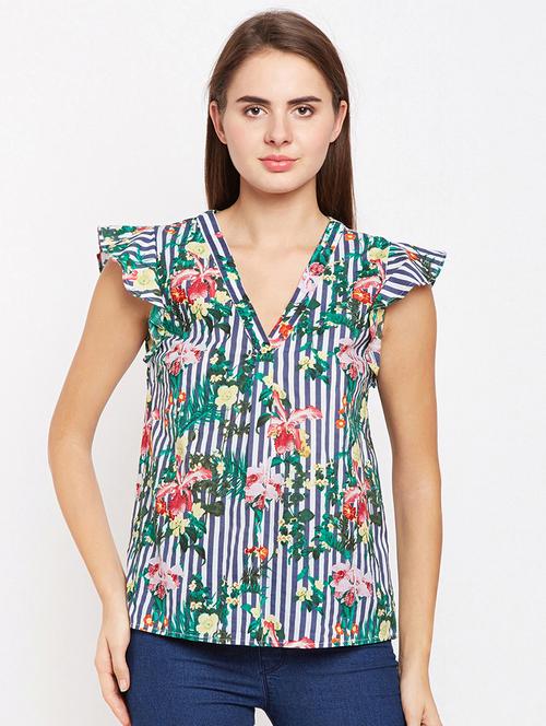 ruffle trim floral striped top - 16274833 - Standard Image - 1