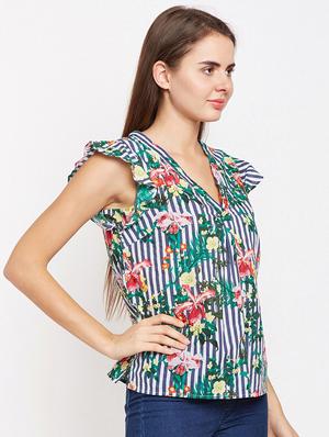 ruffle trim floral striped top - 16274833 - Standard Image - 2
