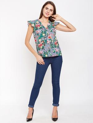 ruffle trim floral striped top - 16274833 - Standard Image - 4