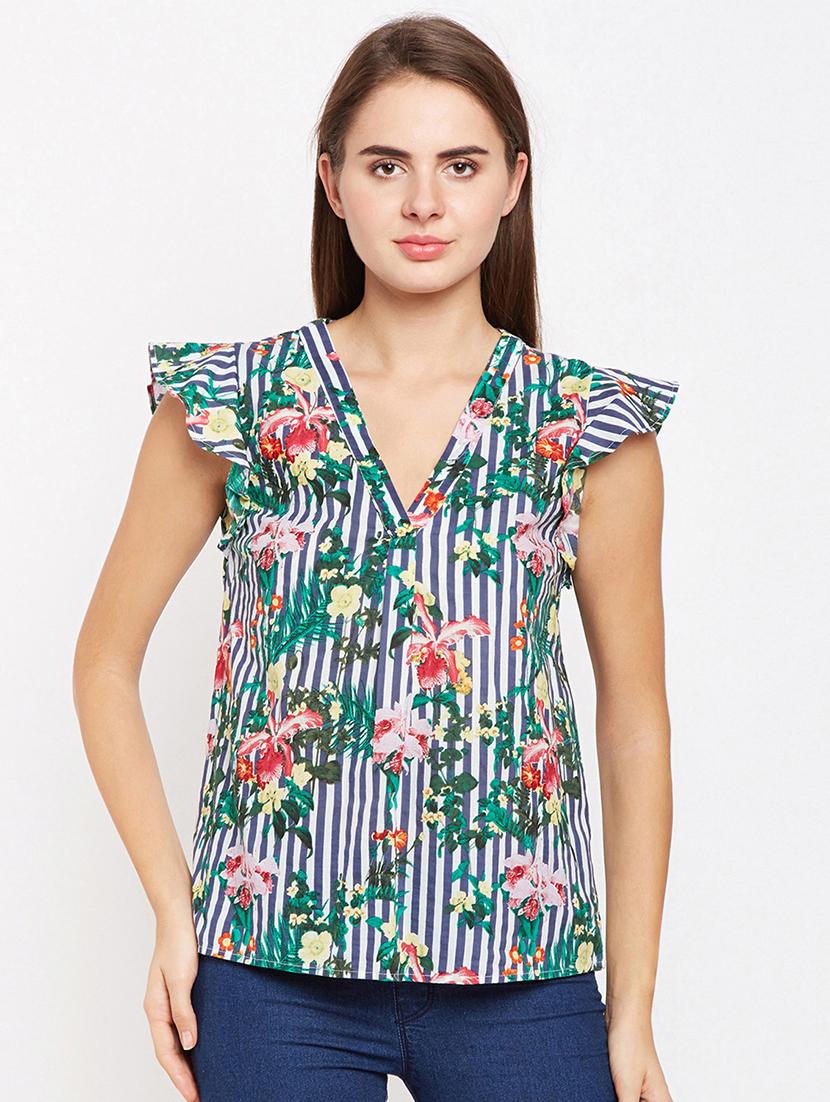 ruffle trim floral striped top - 16274833 - Zoom Image - 1
