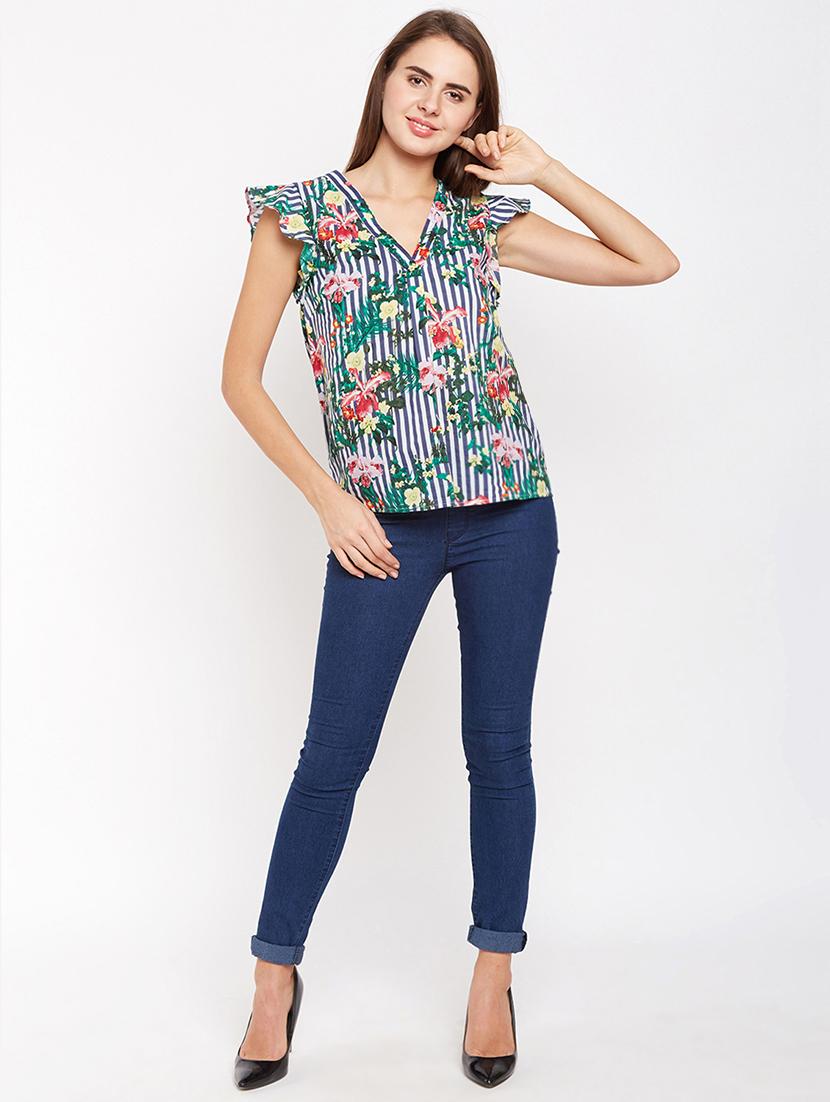 ruffle trim floral striped top - 16274833 - Zoom Image - 4