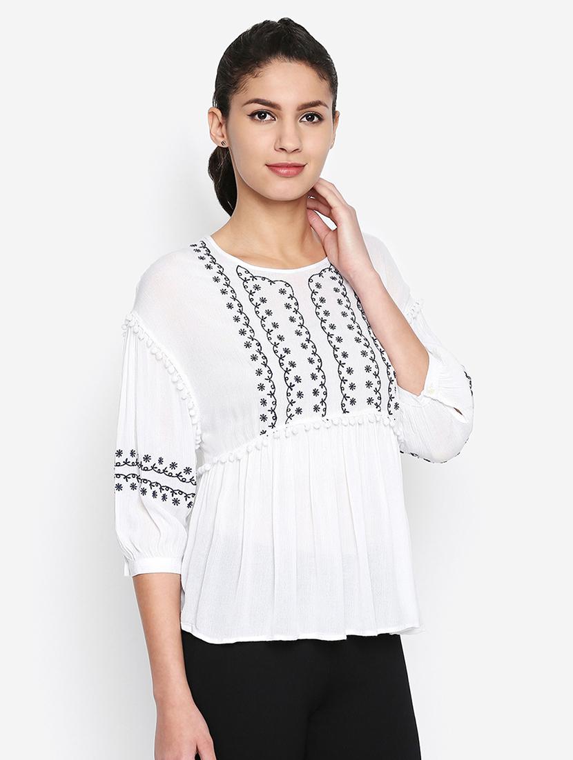 pom pom lace embroidered peasant top - 16274834 - Zoom Image - 2
