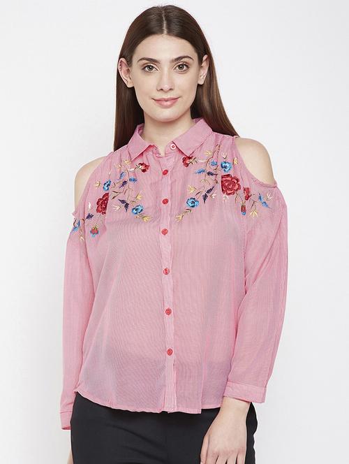 cold shoulder embroidered striped shirt - 16274876 - Standard Image - 1