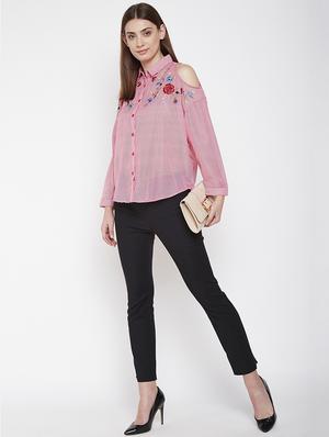 cold shoulder embroidered striped shirt - 16274876 - Standard Image - 4