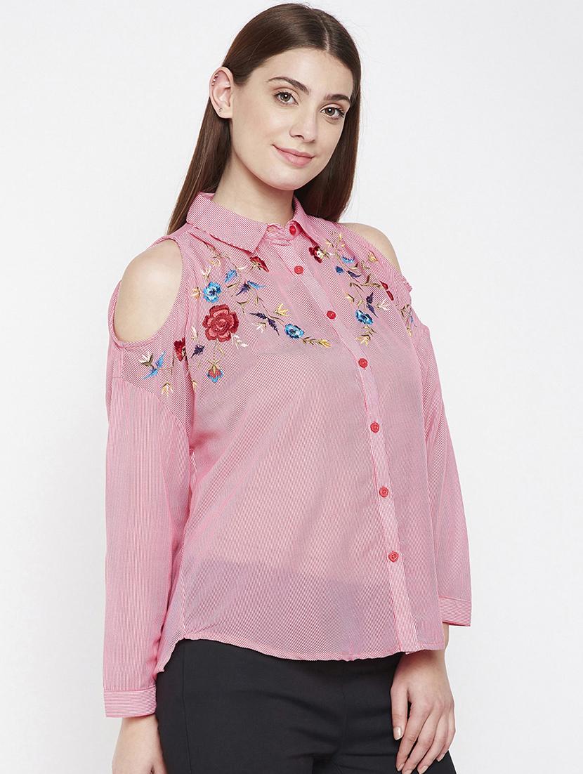cold shoulder embroidered striped shirt - 16274876 - Zoom Image - 2
