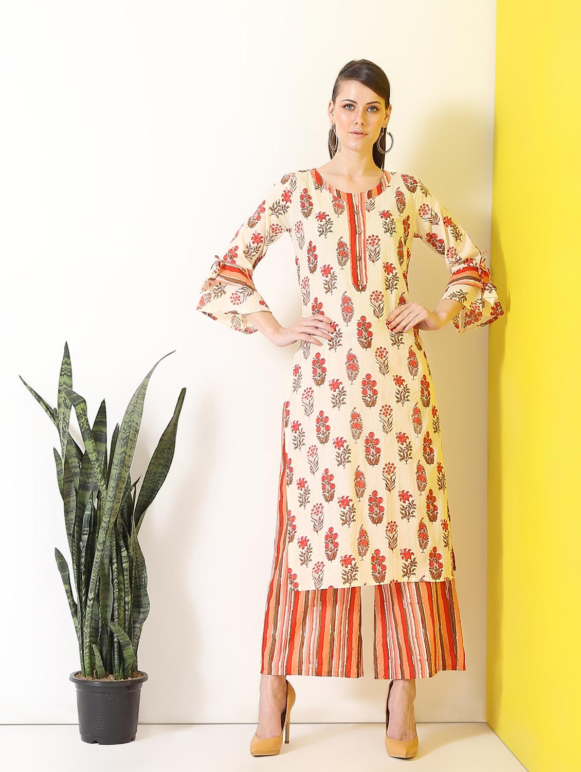 bell sleeved kurta with palazzo set - 16277109 - Zoom Image - 1