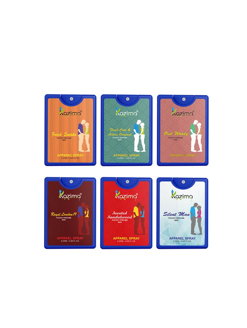 kazima pocket perfume for men, 20ml each(french sontaka,fresh cool,oud woody,royallondon,scentedsandalwood,silentman)(pack of 6) - 16278818 - Zoom Image - 1