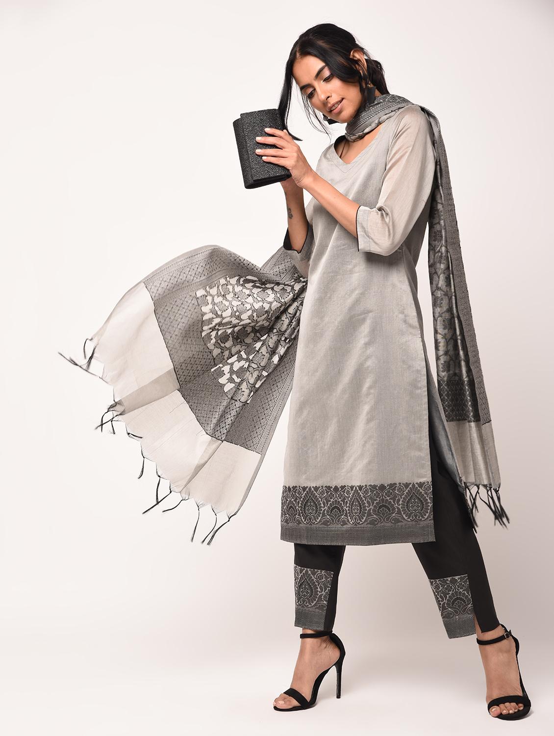 jacquard motif kurta pant dupatta suit set - 16283632 - Zoom Image - 1