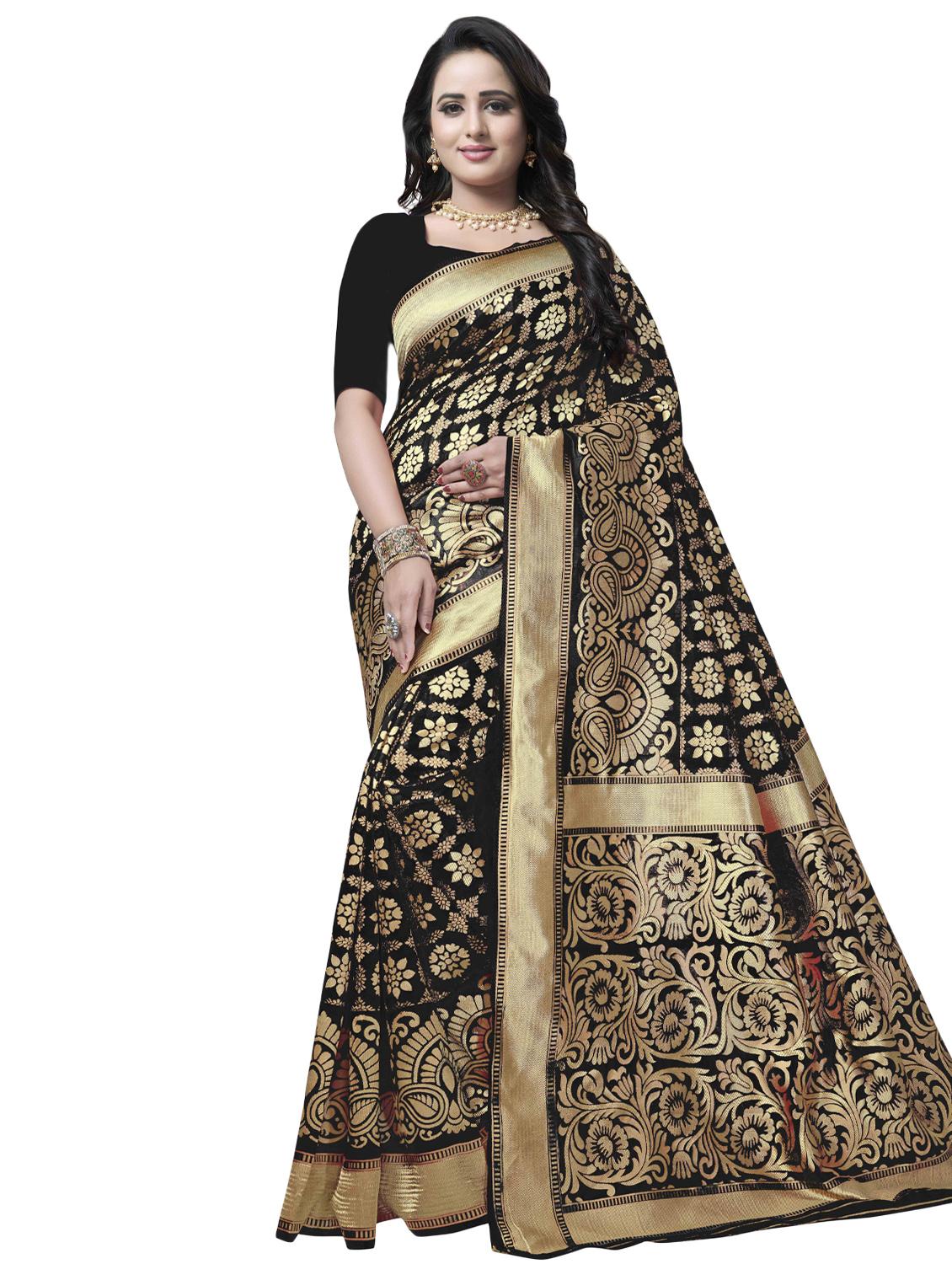 floral zari motif banarasi saree with blouse - 16287505 - Zoom Image - 1
