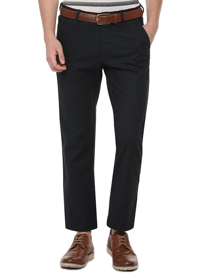 navy blue cotton blend flat front casual trousers - 16289259 - Zoom Image - 1