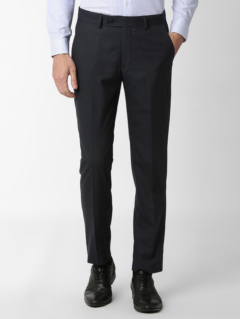 navy blue textured flat front formal trouser - 16289287 - Zoom Image - 1