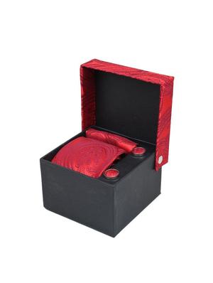 red microfiber bow tie, pocket square and cuff links combo - 16293501 - Standard Image - 4