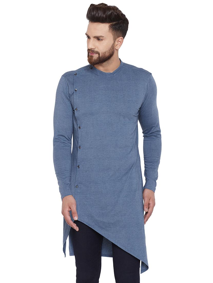 blue cotton blend asymmetric kurta - 16298546 - Zoom Image - 1