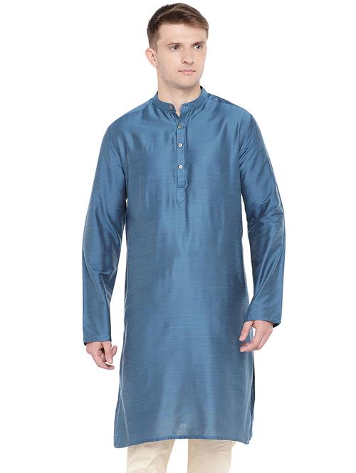 blue dupion long kurta - 16301526 - Standard Image - 1